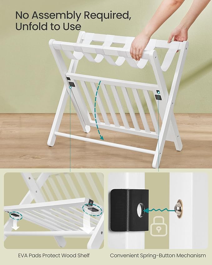 SONGMICS Solid Wood Luggage Racks, Set of 2, No Assembly Required, Foldable Suitcase Stand, Luggage Holder, with Storage Shelf, for Guest Room, Hotel, Bedroom, Cloud White URLR021W01