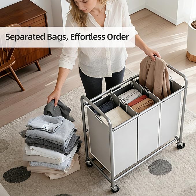 ROMOON Laundry Sorter Hamper 3 Section, Divided Laundry Basket Organizer with Heavy Duty Lockable Wheels and Removable Bags, Rolling Clothes Hamper for Apartment, Dorm & Family (130L Neutral Gray)
