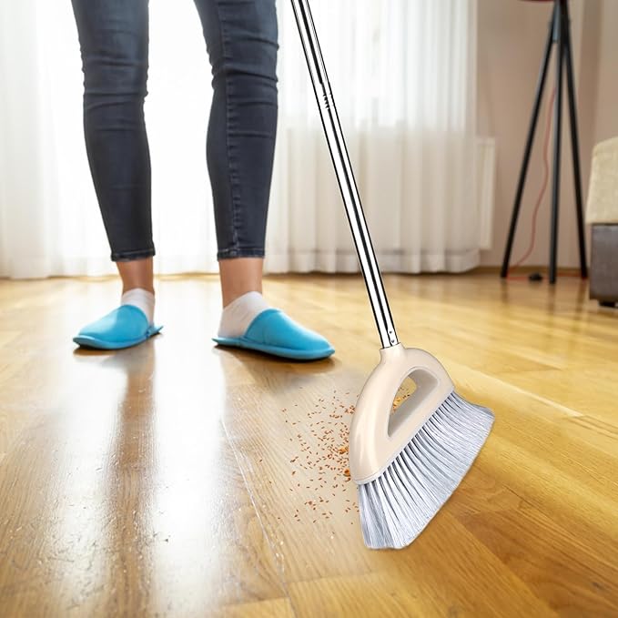 Angle Broom for Hardwood Floors - Soft Bristled Indoor & Kitchen Broom (Light Pink)
