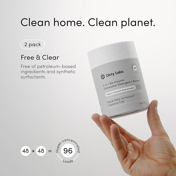Dirty Labs | Dishwasher Detergent and Booster | Scent Free | 96 Loads (2 lbs) | Ultra Clean, Spot Free, Quick Wash Optimized | Hyper Concentrated