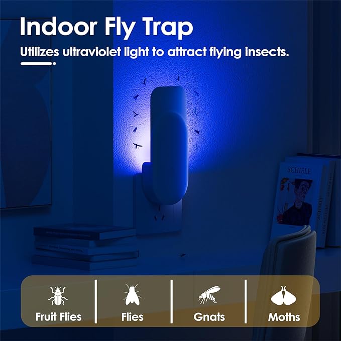 Flying Insect Trap, 2 in 1 Indoor Plug-in Fruit Fly Trap, 4 Trap White and 24 Glue Cards, Fruit Fly Traps for Gnat, Moth, Mosquito, Suitable for Every Part of The Home