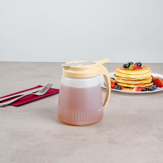 Restaurantware-Chef 101 32 Ounce All Purpose Syrup Dispensers, 10 Honey Dispensers - Beige Top, Stainless Steel Slide Cover, Plastic Pancake Syrup Bottle, Perfect For Diners, Restaurants, Home