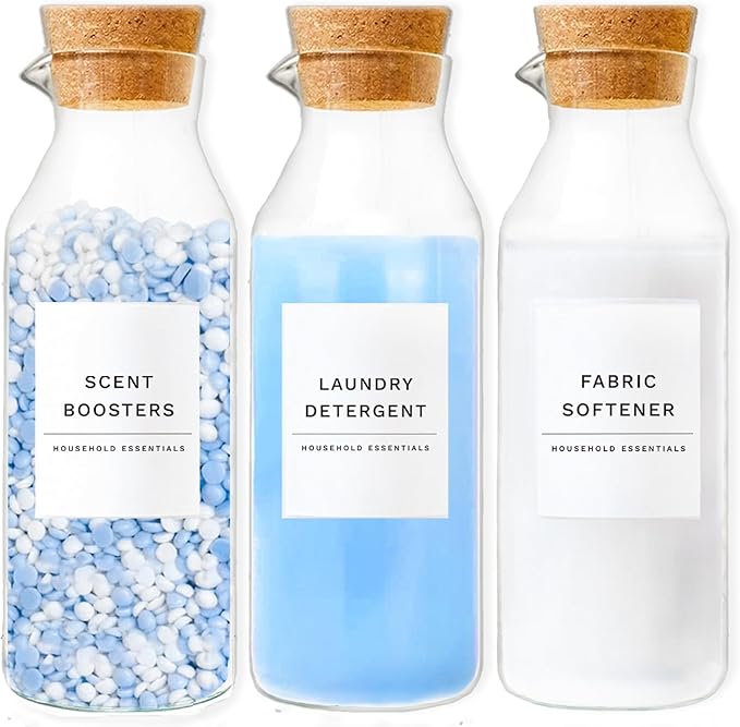 Glass Laundry Detergent Dispenser Set with Cork Lids, Fabric Softener Dispenser, Easy Pour 3 Pack Laundry Bottles, Liquid Detergent Containers, Scent Booster & Bleach Container for Laundry Room