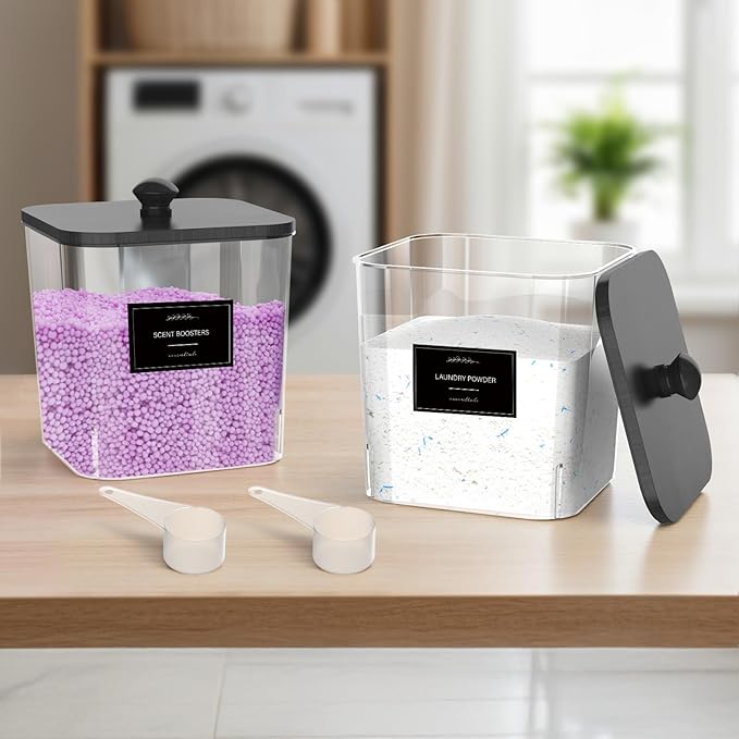 COAZEX 2 Pack Clear Laundry Pods Container, Plastic Square Laundry Room Organization and Storage Jars with Black Lids, Scoops & Labels for Detergent, Powder, Dryer Balls