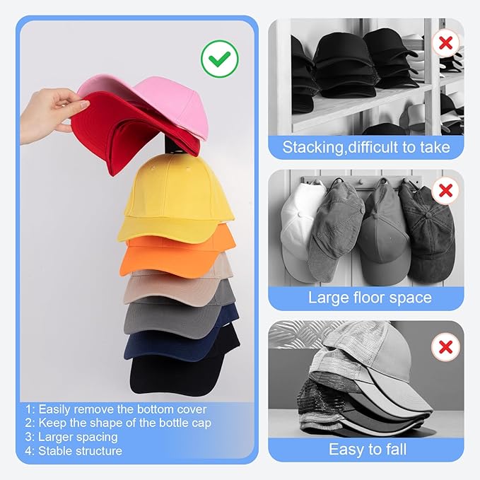 Dntorx Hat Organizer for Baseball Caps, 4 Pack Black Hat Rack for Wall Hold up to 36 Hats Strong Adhesive Hat Hooks Stand Hat Hanger Organizer Storage Holder Display for Door Closet