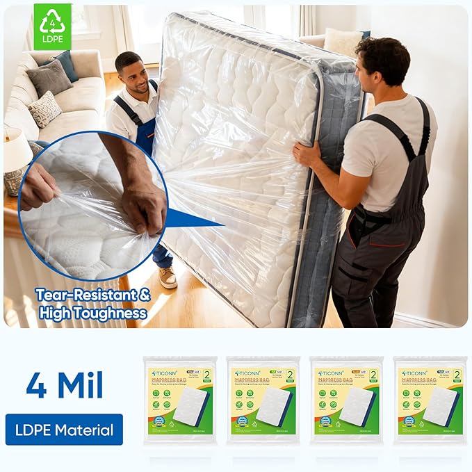 TICONN 2PK Plastic Mattress Bag for Moving Storage, Waterproof Mattress Protector Cover, Heavy-Duty Mattress Moving Supplies (4 mil, Full)