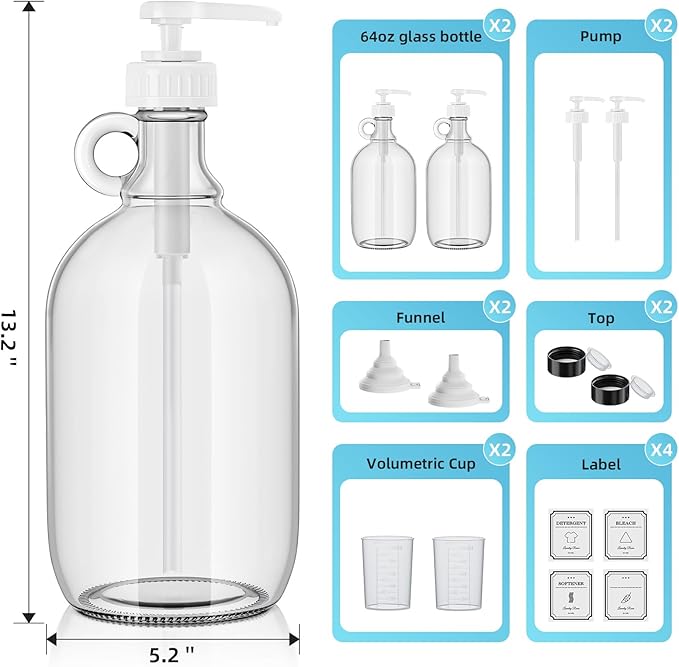 Laundry Detergent Dispenser,64oz Fabric Softener Dispenser,Glass Liquid Laundry Detergent Container,Laundry Detergent Organizer for Laundry Room Organization with 4 Labels,2 Pack