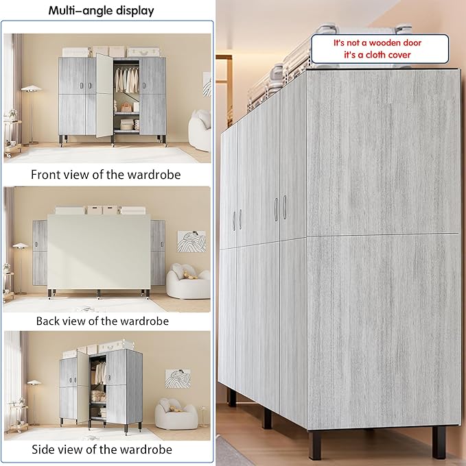 Heavy Duty Covered Clothes Rack with Magnetic Door Foldable Portable Wardrobe Closet for Hanging Clothing Rolling Black Metal Garment Rack on Wheels Closet System (Gray, 65.9in)