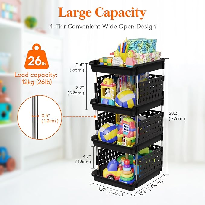 Lifewit Plastic Stackable Storage Baskets, 4 Tier Stacking Bins for Food and Clothes, Multifunctional Organizer for RV, Kitchen, Playroom, Pantry, Black, 35 x 30 x 72 cm/14 x 12 x 28 inch, 2 Pack