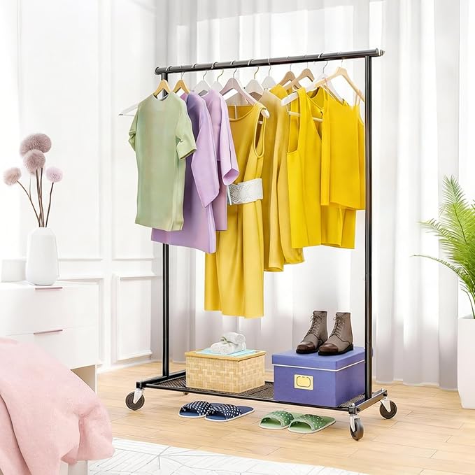 Ekisemio Clothes Rack for Hanging Clothes, 64.25 Inch Clothing Racks with Wheels, Portable Rolling Clothes Garment Rack for Bedroom, Laundry, Living Room, Black