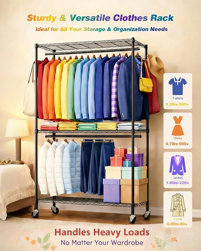 Heavy Duty Clothes Rack, Sturdy Carbon Steel Rolling Garment Rack with Lockable Wheels, Adjustable Shelves & Hooks, Free Standing Clothing Racks for Hanging Clothes, Closet System Max Load 655 LBS