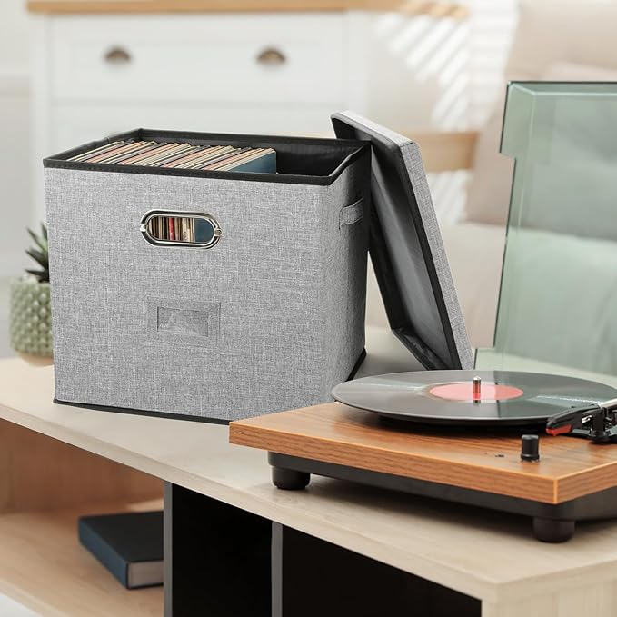 Vinyl Record Storage Box Hold 100+ 12" Albums Stackable LP Storage Bin with Lid Record Holder Protect Albums, CDs, Books, Magzine, Files