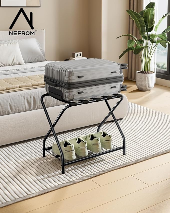 1-Piece Foldable Black Luggage Rack Stand with Storage Shelf – Heavy Duty Metal Suitcase Holder, 150 lbs Top, 50 lbs Bottom, Fits 20”-28” Luggage – Guest Room, Bedroom, Hotel LR-BK-1