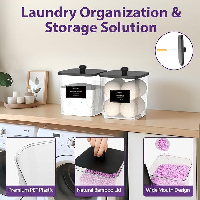 COAZEX 2 Pack Clear Laundry Pods Container, Plastic Square Laundry Room Organization and Storage Jars with Black Lids, Scoops & Labels for Detergent, Powder, Dryer Balls