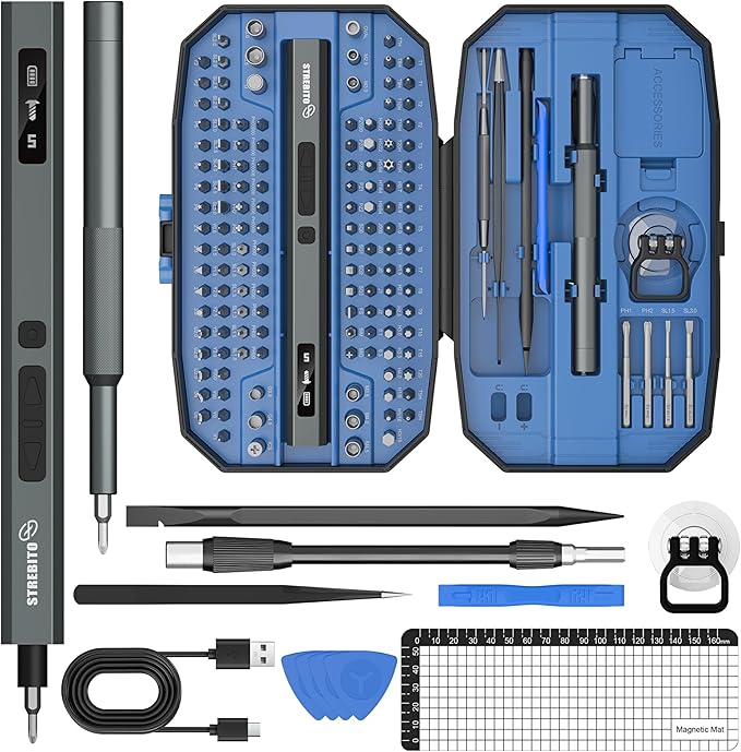 STREBITO 155 in 1 Mini Electric Screwdriver Set, Upgraded Small Electric Screwdriver Cordless, 5 Torque Settings, Max 7 N.m, Electronic Power Screwdriver Repair Tool Kit for Mac, Computer Pc Building