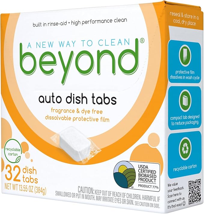 Beyond Natural Dishwasher Tablets [8 Boxs of 32] - Fragrance & Dye Free - Certified Biobased. Powerful. Plant-Based Ingredients