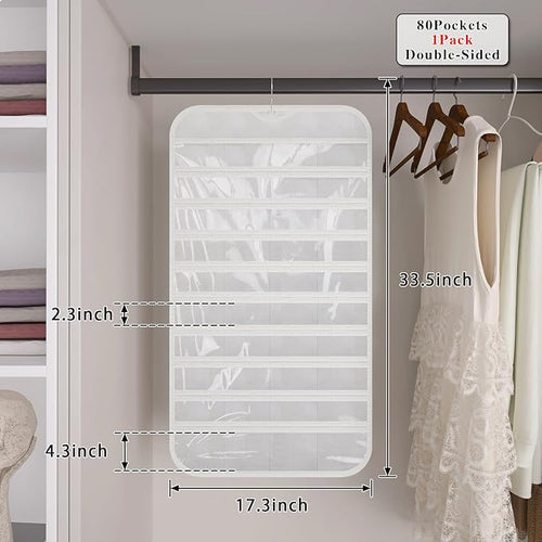 1 Pack Hanging Jewelry Organizer 80-Pocket Dual-sided Jewelry Storage for Earring Necklace Bracelet Ring Travel Holder, White