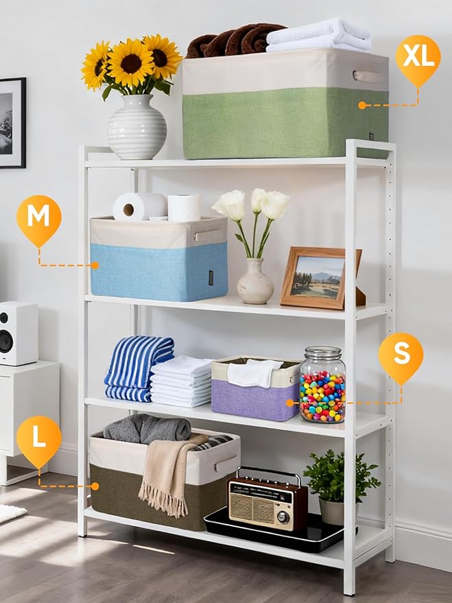 BALEINE 3 Pack Fabric Storage Bins for Shelves, Linen Storage Baskets for Organizing, Decorative Closet Bins for Clothes, Home (Green, 12"x8"x8")