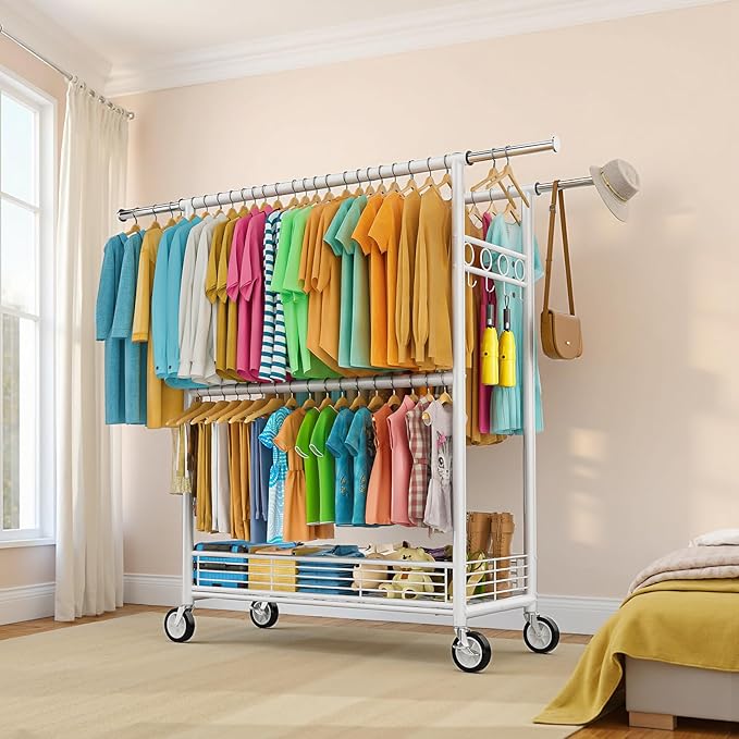 Heavy Duty Clothes Rack Load 960LBS, Three Rods Rolling Clothing Racks for Hanging Clothes, Rolling Garment Rack With Sturdy Wheels Shelves Hooks, Portable & Adjustable Commercial Garment Rack, White