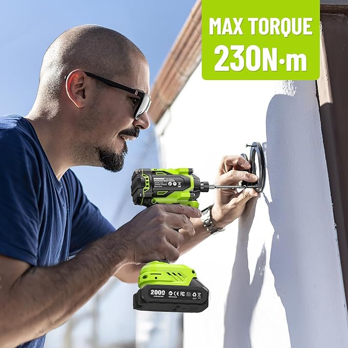 Impact Driver: 21V 1/4" Hex Cordless Impact Driver, 230N.m (2,035in-lbs) Brushless Impact Driver Drill Set, 20Psc Screwdriver Bits, 2.0 Ah Battery, Variable Speed for DIY and Automotive
