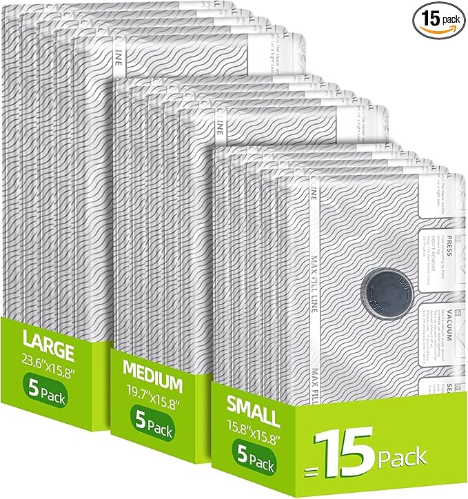 15 Pack Vacuum Compression Bags for Travel, Carry-on Size Seal Packing Cubes for Luggage,Vacuum Storage Bags, Space Saver for Clothes 80% for Travel & Home(No pump)