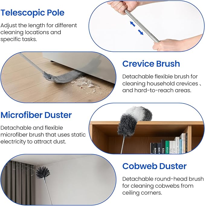Extra-Long Dusters Kits with Extension Pole, 5 in 1 Cleaning Tools with Extendable Long Handle, Cobweb Duster, Microfiber Dusting Clothes for Gap, High Ceilings and Fans, Blinds, Cars and Furniture