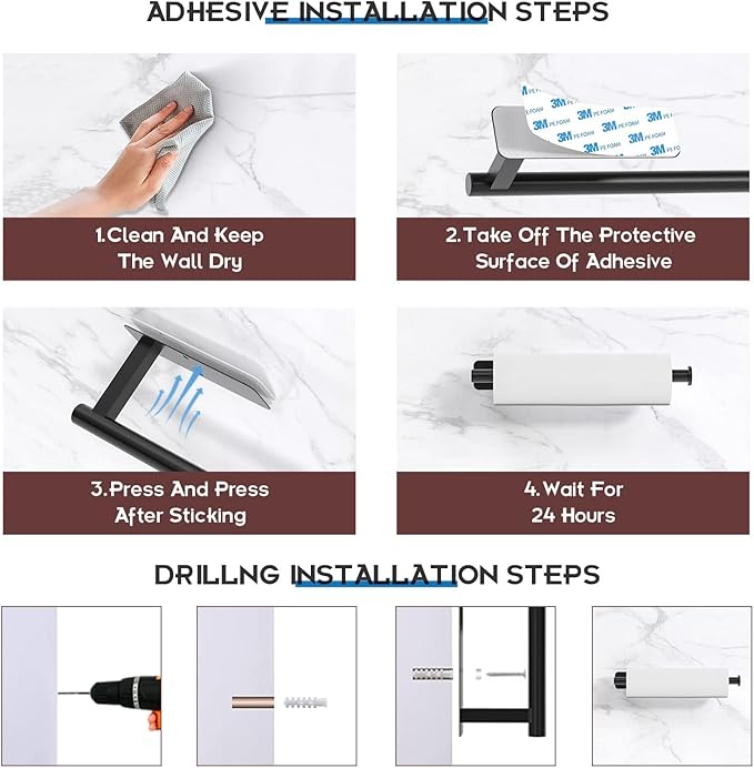 ASTOFLI Paper Towel Holder Under Cabinet No Drilling, Self Adhesive Paper Towel Holder Wall Mount for Kitchen Rack, Under Counter Napin Holder No Drill, RV, 304 Stainless Steel, Matte Black