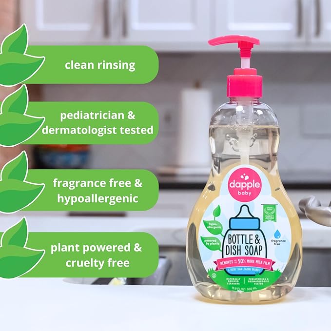 Dapple Baby Bottle Soap, Hypoallergenic Dish Soap for Baby Bottles, Powered by Plants, 1 Pump Included, Packaging May Vary, Fragrance Free, 16.9 Fl Oz (Pack of 3)