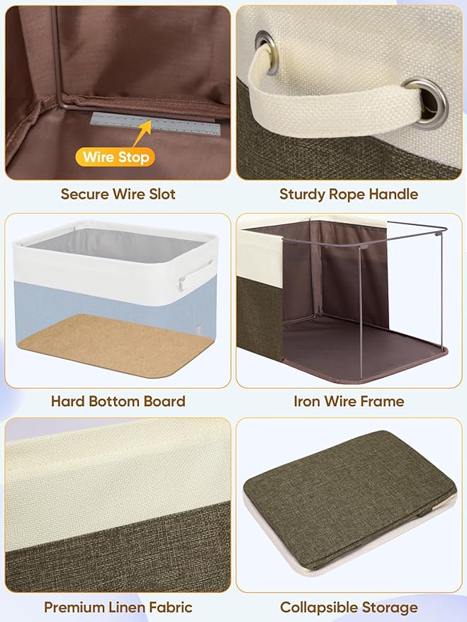 BALEINE 4 Pack Fabric Storage Bins for Shelves, Linen Storage Baskets for Organizing, Decorative Closet Bins for Clothes, Home (Brown, 15"x11"x9.5")