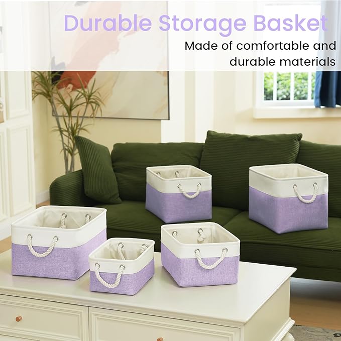 Large Storage Baskets- 15.7x11.8x8.26 inch Storage Bins for Shelves and Closet Organizing, Foldable Fabric Bin for Home Organization Clothes and Laundry (6-Pack, White&Purple)