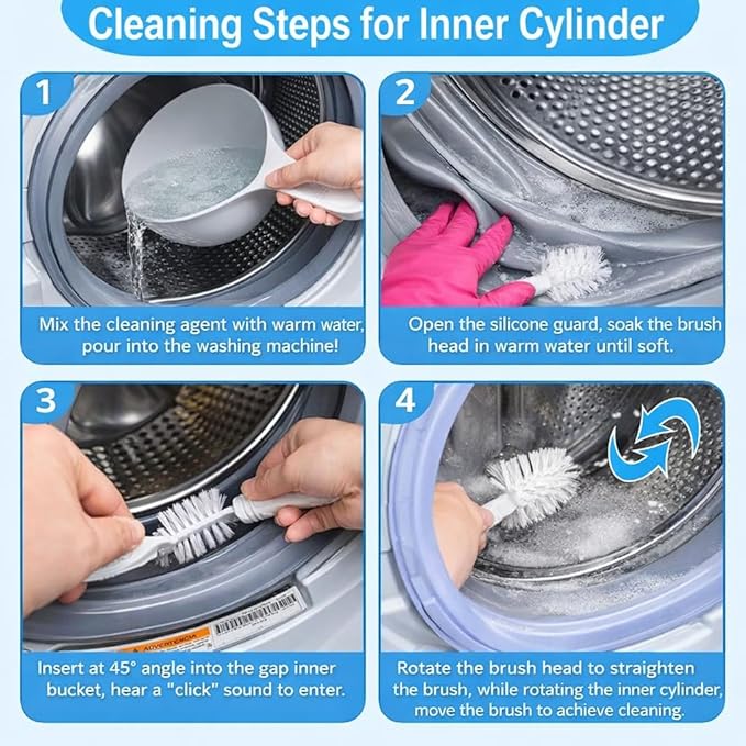 Washing Dryer Machine Rubber Seal Cleaning Brush Kits, Front Load Washer Cleaner Tools-1 PC Drum Slot Clean Brush & 5 PCS Crevice Cleaning Brushes for Bathroom, Shower & Kitchen Sink Household