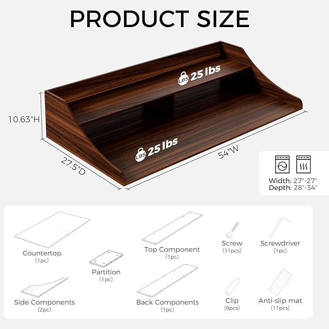 OAKHAM HOME 2-Tier Washer Dryer Topper, 54" x 27.6" Countertop with Storage Shelf & Non-Slip Mat, Laundry Organizer for Folding & Sorting Clothes, Walnut