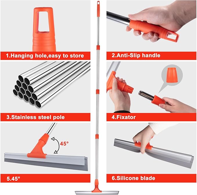 BITOPE Floor Squeegee for Cleaning, 17.3" Heavy-Duty Squeegee for Floor, Silicone Scrubber Broom with 5 Ft Stainsless Steel Long Handle for Bathroom, Glass Windows, Tile, Garage, Deck