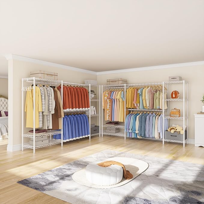Golpart Coat Rack Clothes Wardrobe：Closet Organizer and Storage Clothing Garment Rack with Shelves Heavy Duty for Hanging Clothes Portable Adjustable White 15.8" Dx(70-88.5)" Wx76.5 H