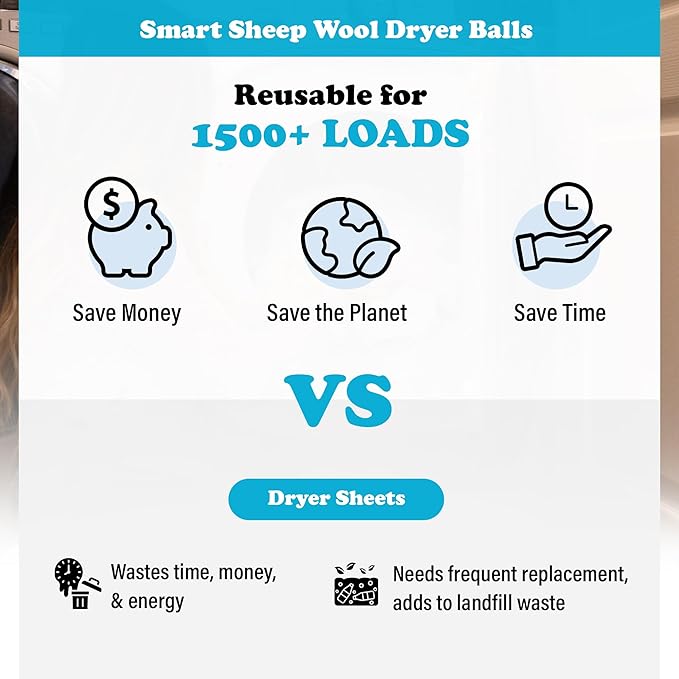 Wool Dryer Balls - Smart Sheep 6-Pack - XL Premium Natural Fabric Softener Award-Winning - Wool Balls Replaces Dryer Sheets - Wool Balls for Dryer - Laundry Balls for Dryer, 6 Count (Pack of 1)