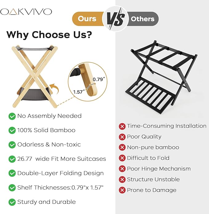 oakvivo Fully Assembled Luggage Rack, 26.77" Natural Luggage Rack for Guest Room, Bamboo Folding Suitcase Stand with Fabric Storage Shelf, Heavy Duty 5 Nylon Straps Luggage Holder for Hotel, 1 Pack