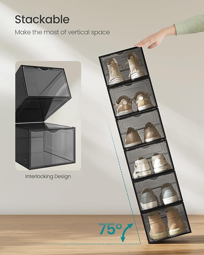 SONGMICS Shoe Boxes, Set of 6, Clear Plastic Shoe Storage, Stackable Sneaker Box, Drop Front Door, Up to US Size 11, Easy Assembly, 13 x 9.8 x 7.1 Inches, Transparent Black ULSP406B01V1
