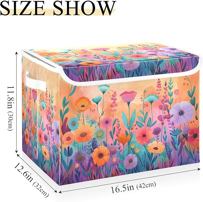 senya Large Storage Bins with Linen Collapsible Foldable Storage Cubes Fabric Closet Organizer Containers box with Flip-Top Lid for Home Bedroom Office 16.7 x 12.6 x 11.8in (Wildflowers Colorful)