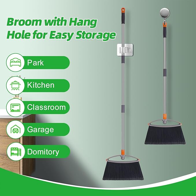 2 Pack Soft Bristle Broom, Heavy Duty Broom with Collapsible Handle, Ideal for Indoor Outdoor Hardwood Floors Kitchen Salon Camping Cat Pets Hair Home Room Office, Sturdy and Durable, Gray