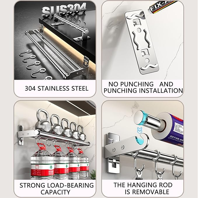 Hanging Wall Mount knife Wall Mount, Kitchen Organizer Storage Shelf for Utensils Spatula Spoon, Space-Saving Knife Rack with Hooks,Wall-Mounted Utensil Holder (Grey, 60CM+Single Pole+10Hooks)