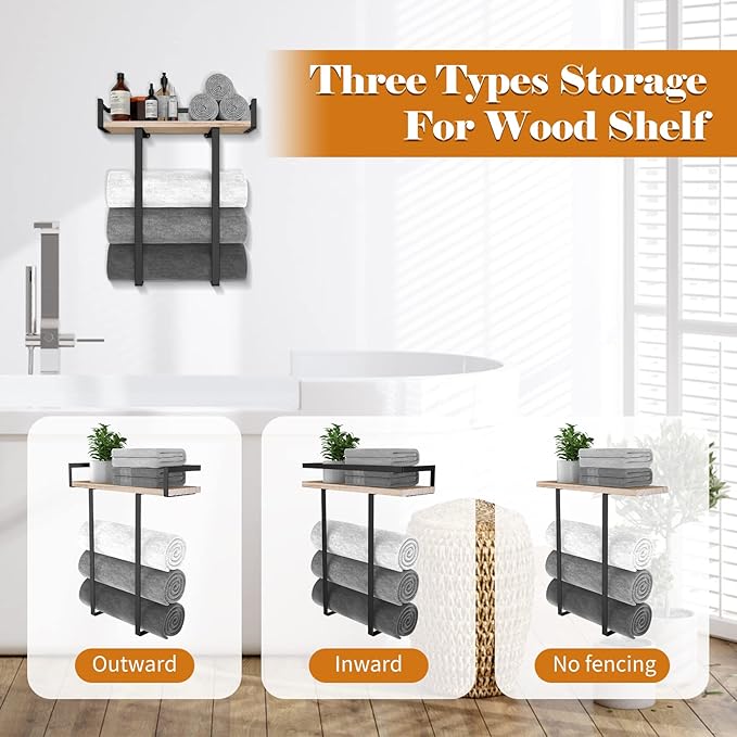 Xstydes Towel Racks for Bathroom Wall Mounted, Metal Towel Holder with Wooden Shelf for Folding Large Towels, Towel Storage for Small Bathroom Organizer Decor or RV Camping