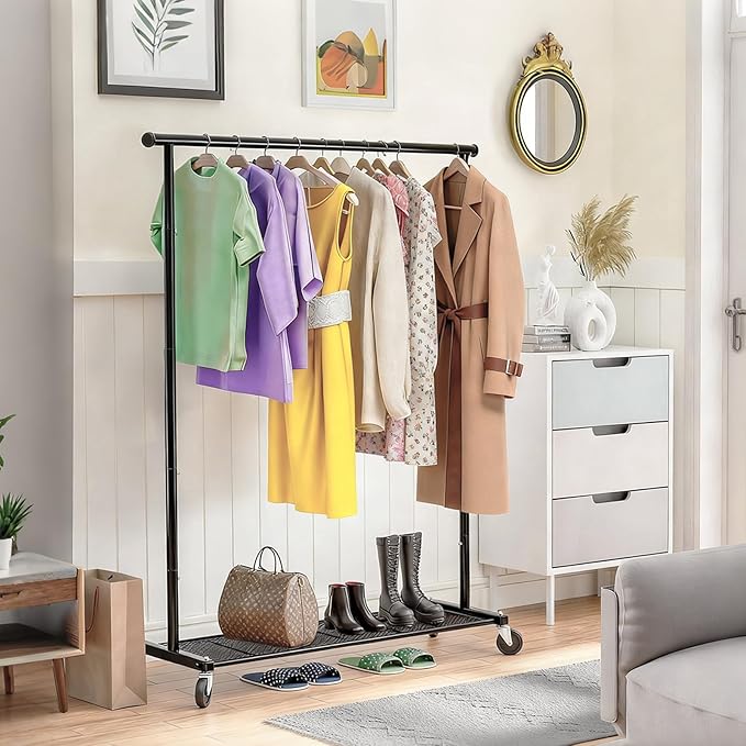Ekisemio Clothes Rack for Hanging Clothes, 64.25 Inch Clothing Racks with Wheels, Portable Rolling Clothes Garment Rack for Bedroom, Laundry, Living Room, Black