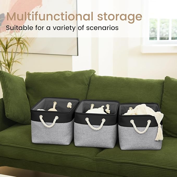 Large Storage Baskets- 15x11x10 inch Storage Bins for Shelves and Closet Organizing, Foldable Fabric Bin for Home Organization Clothes and Laundry (6-Pack, Black&Gray)
