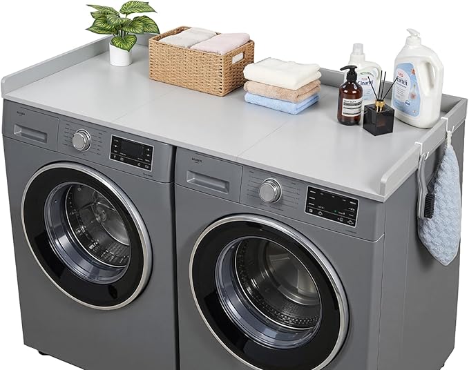 VEVOR Washer Dryer Countertop with 3 Splicing Panels, 54" x 27" Wooden Washer and Dryer Countertop with 2 Hooks, Water-Resistant Laundry Topper for Laundry Room Organization and Storage, Gray