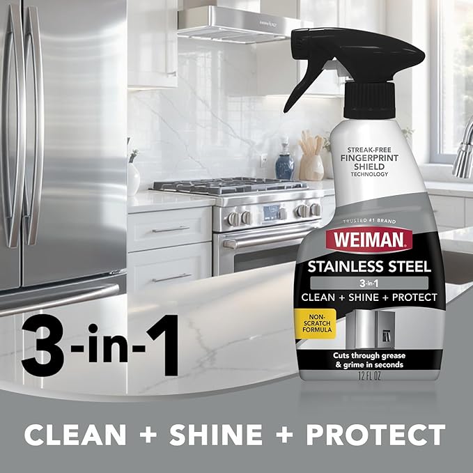 Weiman Stainless Steel Cleaner & Polish, 2 Pack, Anti Fingerprint Spray Stainless Steel Cloth, Water Spots & Grease, No Streaks or Residue, Safe for Metal Polish, Chrome, Appliances, Sinks & Grills