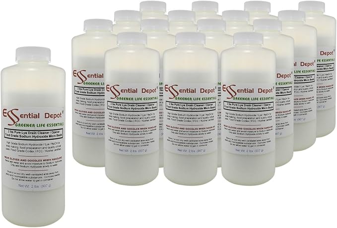 Essential Depot 32 lbs Food Grade Sodium Hydroxide Lye Evenly-Sized Micro Pels (Beads or Particles) - 16 x 2lb Bottles - Lye Drain Cleaner - HDPE Container with Resealable Child Resistant Cap