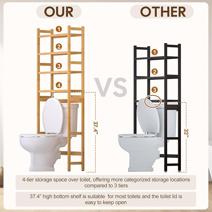 Cozivolife Over The Toilet Storage with 2 Baskets, 4-Tier Bamboo Organizer Rack with Paper Holder & 4 Hooks & Waterproof Feet Pad,Freestanding Shelf for Bathroom(Natural)