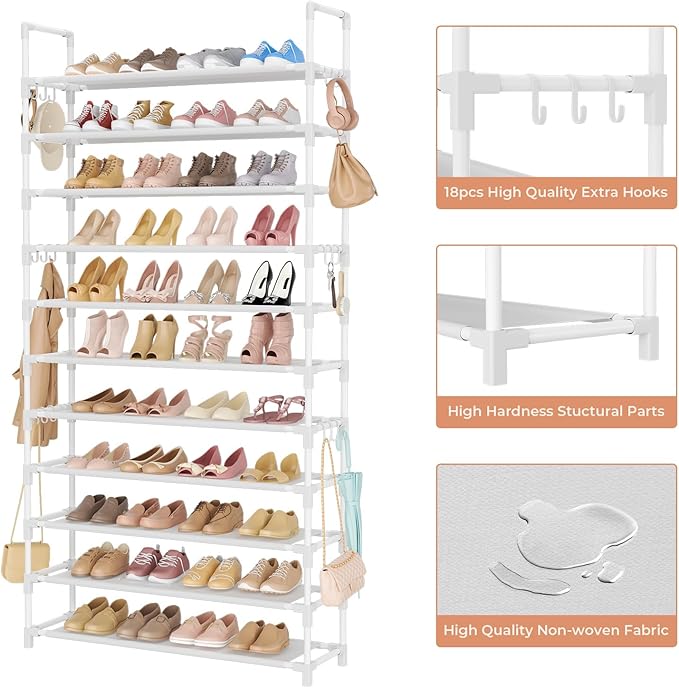 LANTEFUL 11 Tiers Tall Shoe Rack Holds 55 Pairs of Shoes with 18pcs Hooks Sturdy Wide Shoe Organizer Storage Free Standing Metal Shoe Shelf for Closet, Entryway White