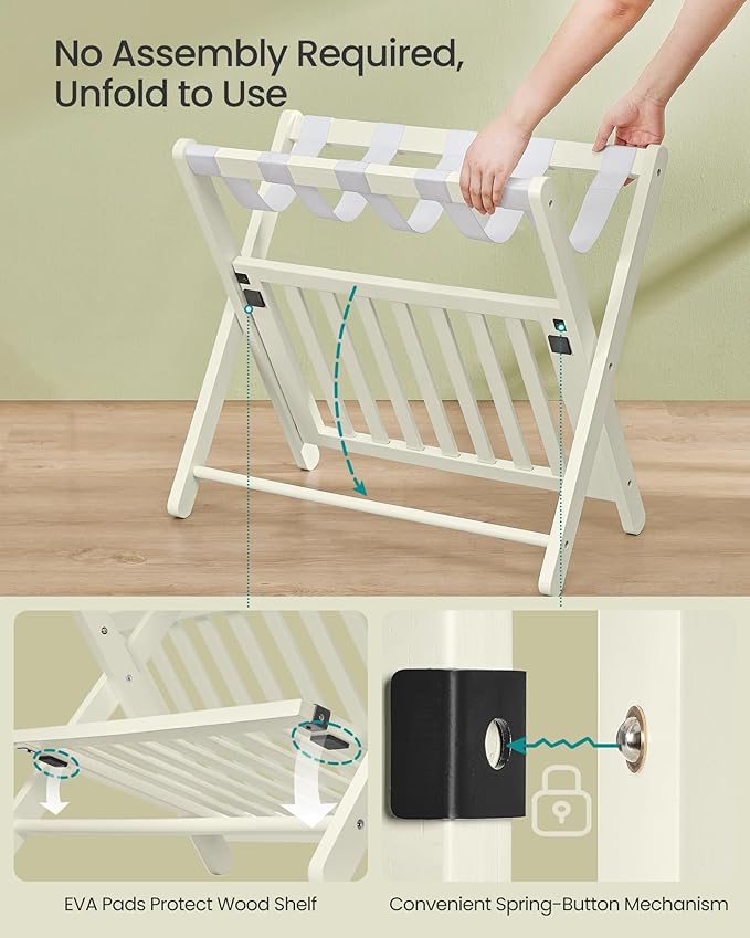 SONGMICS Solid Wood Luggage Rack, No Assembly Required, Foldable Suitcase Stand, Luggage Holder, with Storage Shelf, for Guest Room, Hotel, Bedroom, Cream White URLR020WZ02S