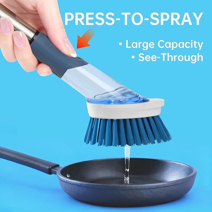 Soap Dispensing Scrub Dish Brush Head Replacements - 4 Kitchen Cleaning Brush Dish Wand Head, Scraper Heads for Stubborn Grime on Pots Pans, Stand/Hang Storage-Blue